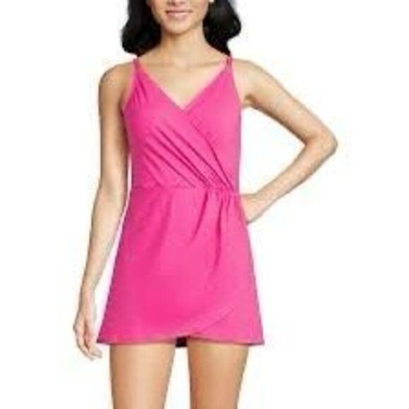 Lands End Size S Tulip Wrap Swim Dress Hot Pink One Piece Modest Swimsuit Preppy - Picture 1 of 11